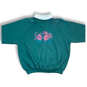 Vintage 90s Sports Accent Embroidered Flowers Green Turtleneck Sweatshirt- M